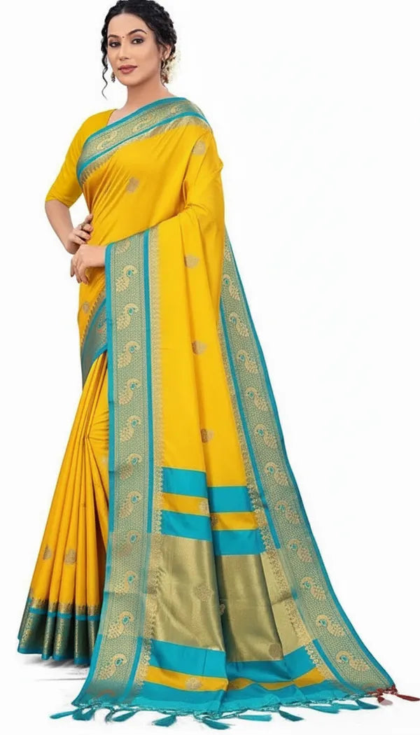 GOLDEN CYAN SOFT COTTON SILK BLOOM SAREE FOR WOMEN