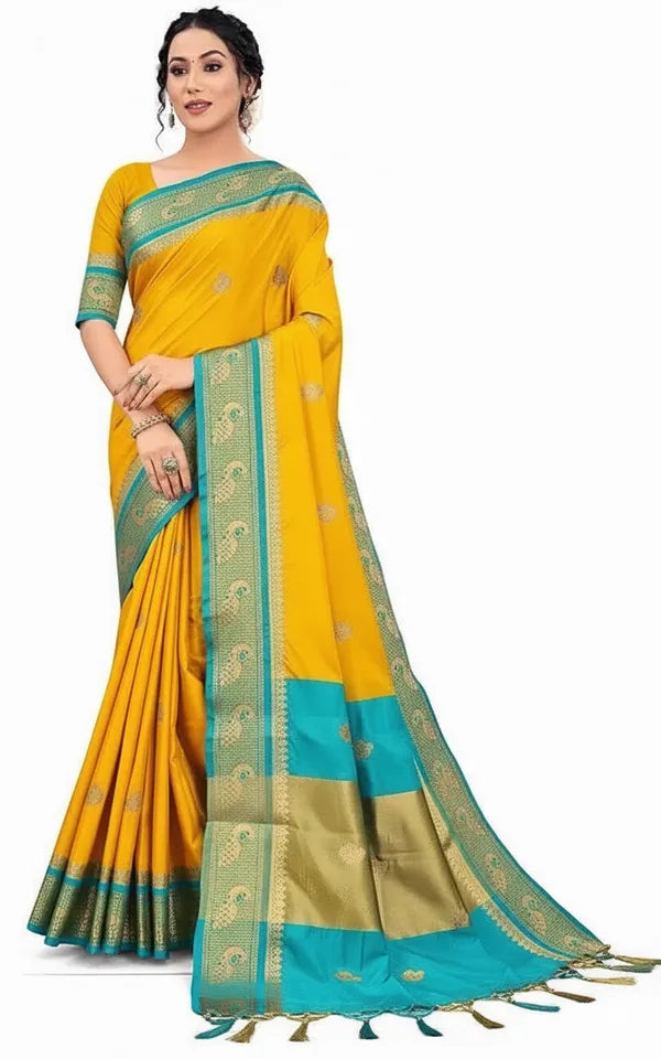 PEACOCK GOLDEN CYAN SOFT COTTON SILK BLOOM SAREE FOR WOMEN