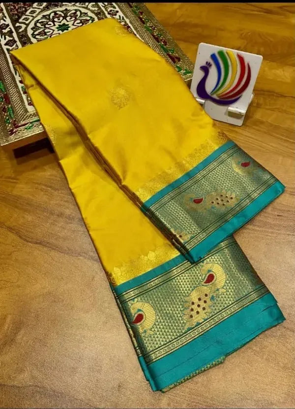 PEACOCK GOLDEN CYAN SOFT COTTON SILK BLOOM SAREE FOR WOMEN