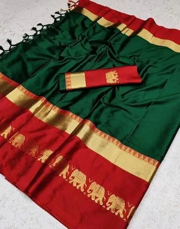 ELEPHANT BORDER GREEN& RED SOFT COTTON SILK AUSPISIOUS HARMONY SAREE