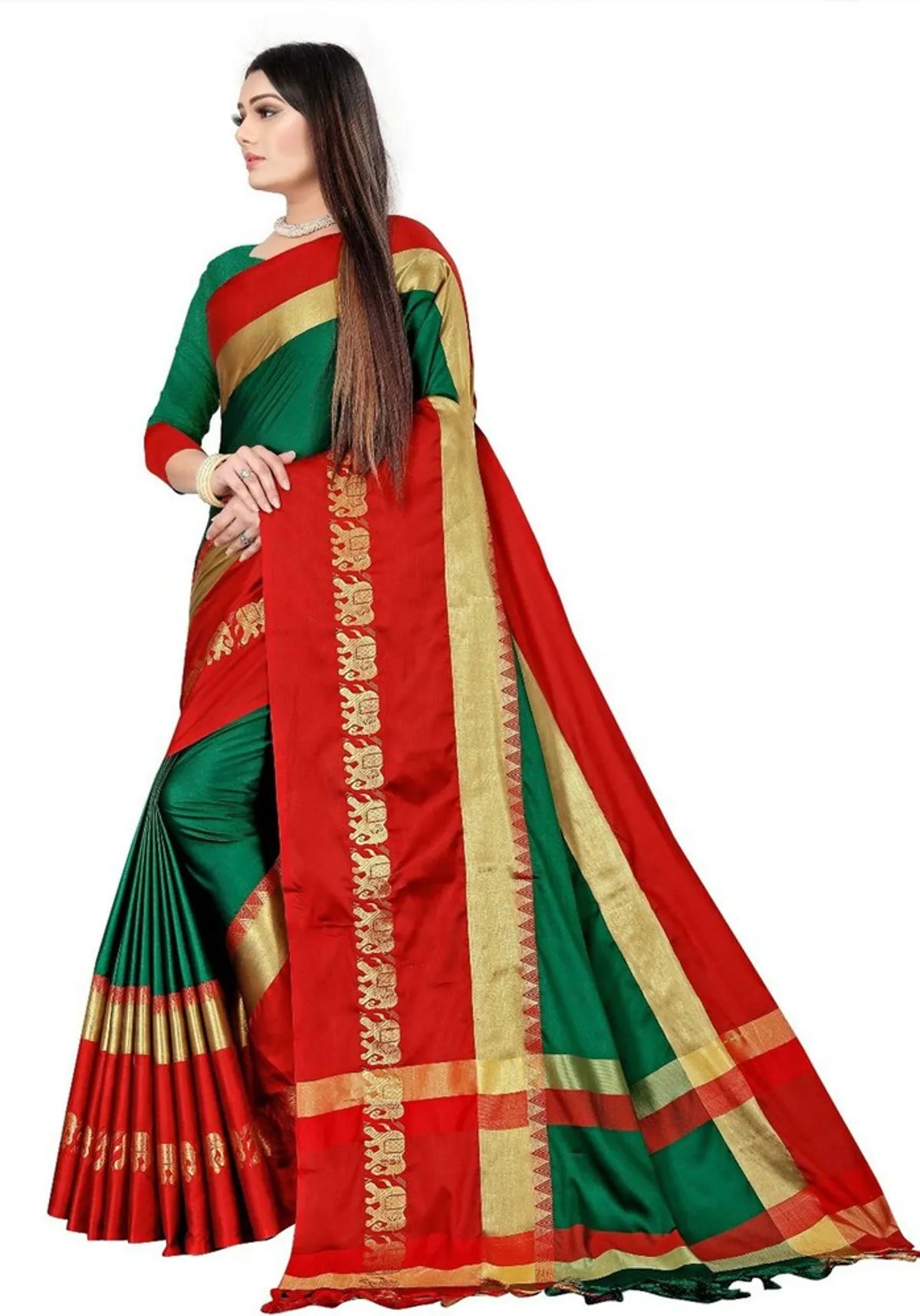Green & Red  Soft Cotton Silk Auspicious Harmony Saree For Women