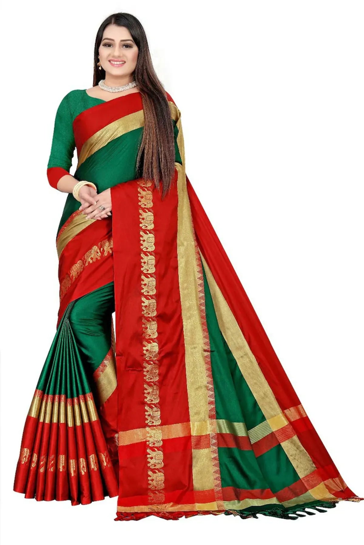Green & Red  Soft Cotton Silk Auspicious Harmony Saree For Women