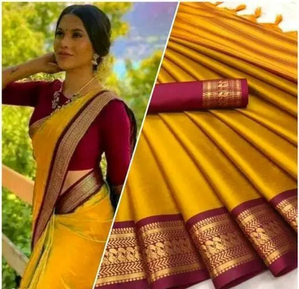 BIRD BORDER (CHIDIYA) GOLD BROWN SOFT COTTON SILK HONEY BRONZE ALLURE SAREE FOR WOMEN