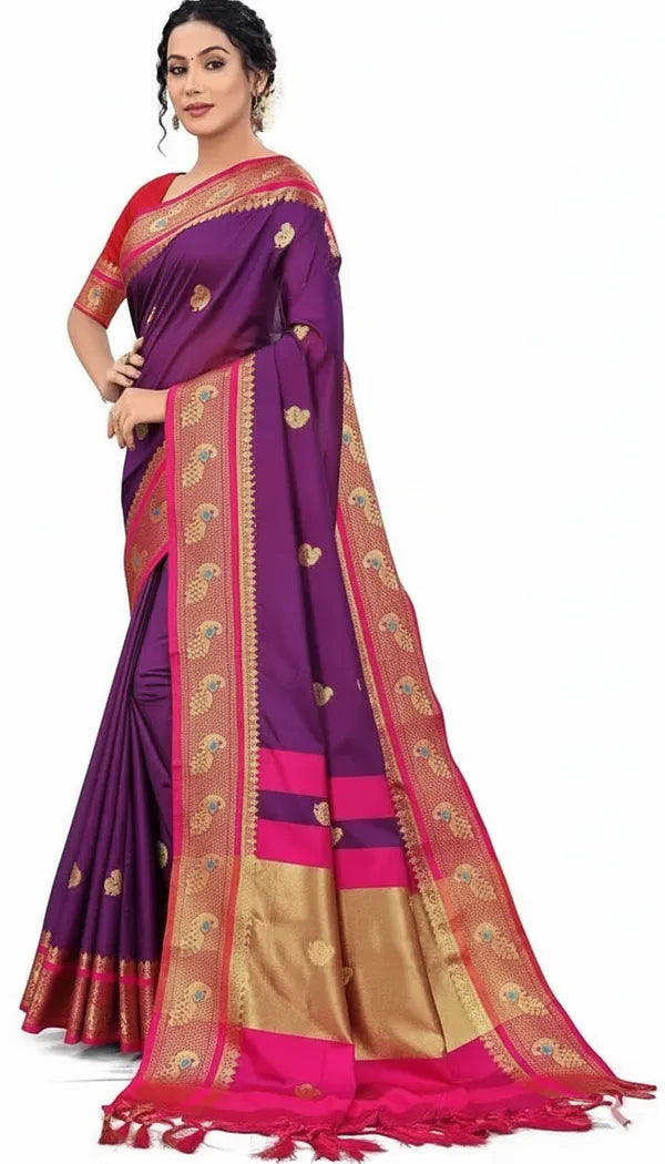 PURPLE&PINK SOFT COTTON SILK VIOLET ROSE SYMPHONY SAREE FOR WOMEN