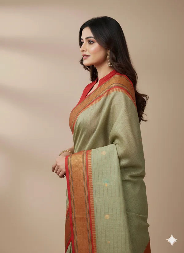 CHECKS OLIVE GREEN RED SOFT COTTON SILK OLIVE EMBER HARMONY SAREE