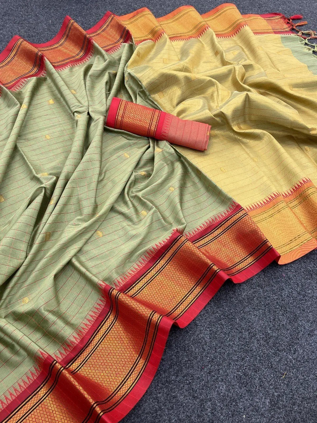 CHECKS Olive Green Red Soft Cotton Silk Olive Ember Harmony Saree For Women