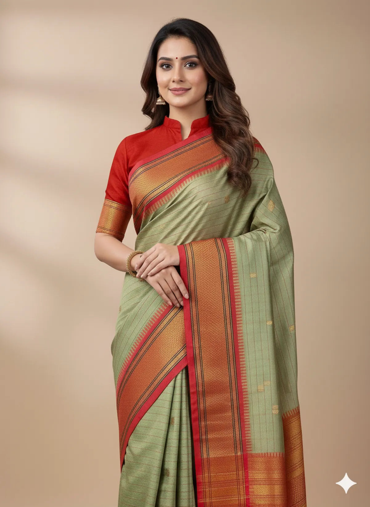 CHECKS Olive Green Red Soft Cotton Silk Olive Ember Harmony Saree For Women