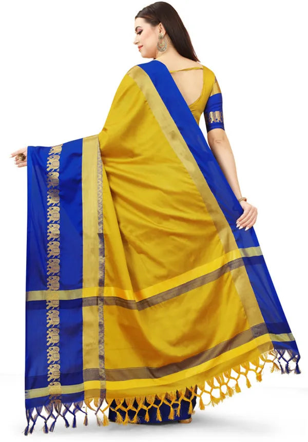 GOLD BLUE SOFT COTTON SILK SAPPHIRE RADIANCE SAREE FOR WOMEN