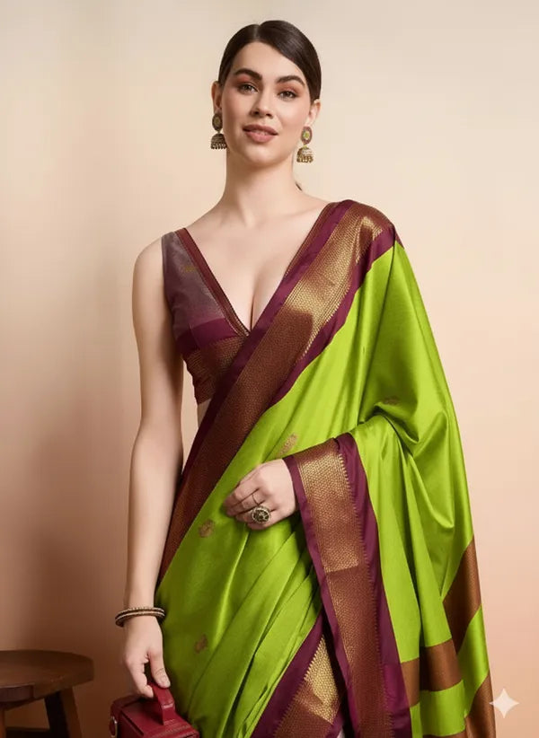 PAITHANI SOLID LIME GREEN BROWN SOFT COTTON SILK EARTH HARMONY SAREE