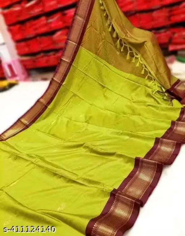 PAITHANI SOLID LIME GREEN BROWN SOFT COTTON SILK EARTH HARMONY SAREE