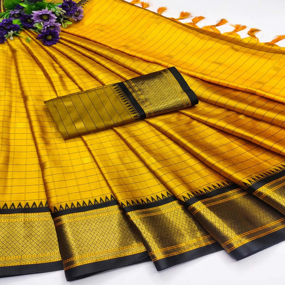 CHECKS Gold Black Soft Cotton Silk Midnight Grace Saree For Women