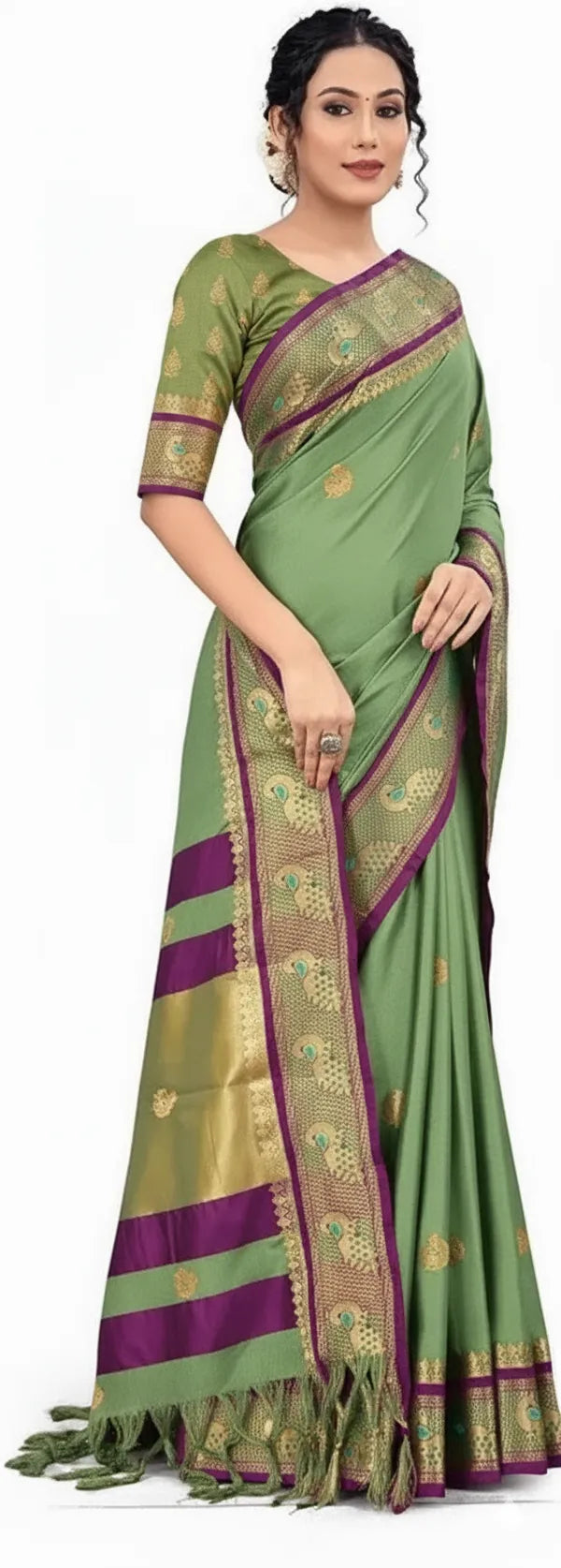 SAGE GREEN$ PURPEL SOFT COTTON SILK ORCHID WHISPER SAREE FOR WOMEN