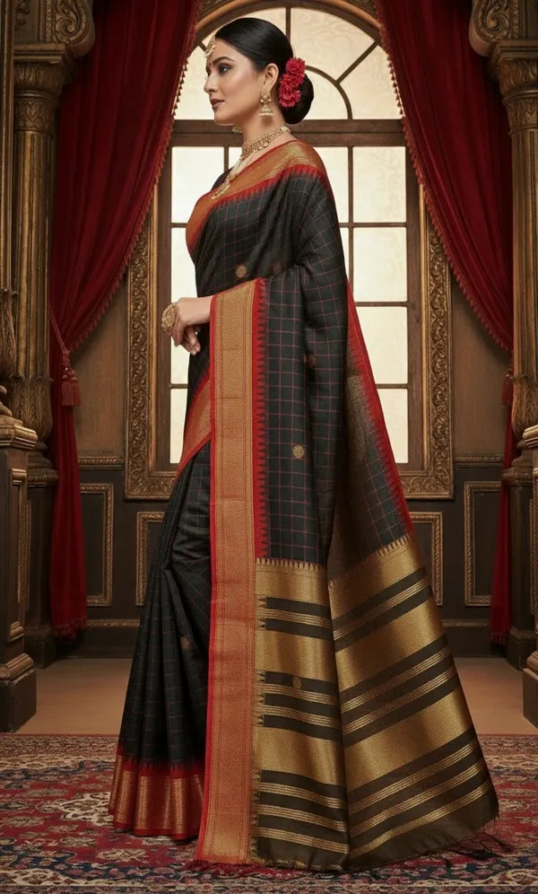 BLACK AND RED SOFT COTTON SILK CRIMSON SHAWOW AURA SAREE