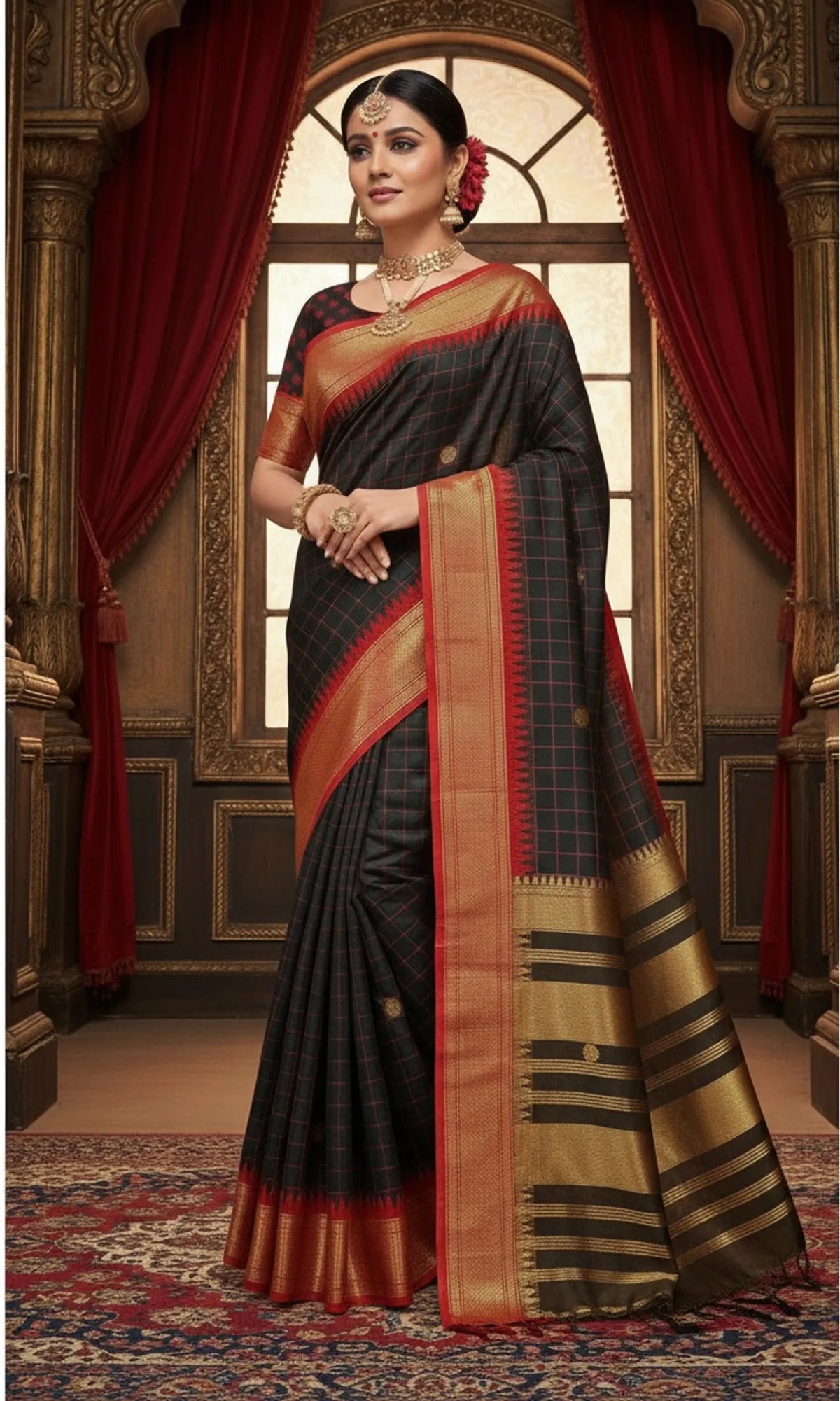 CHECKS Black And Red Soft Cotton Silk Crimson Shadow Aura Saree For Women