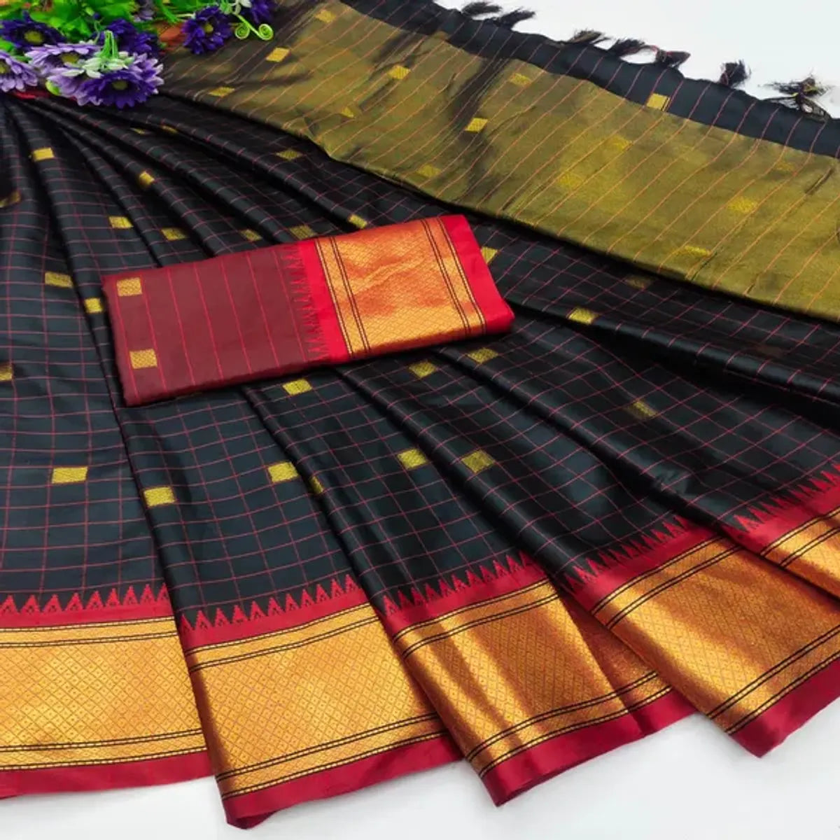 CHECKS Black And Red Soft Cotton Silk Crimson Shadow Aura Saree For Women