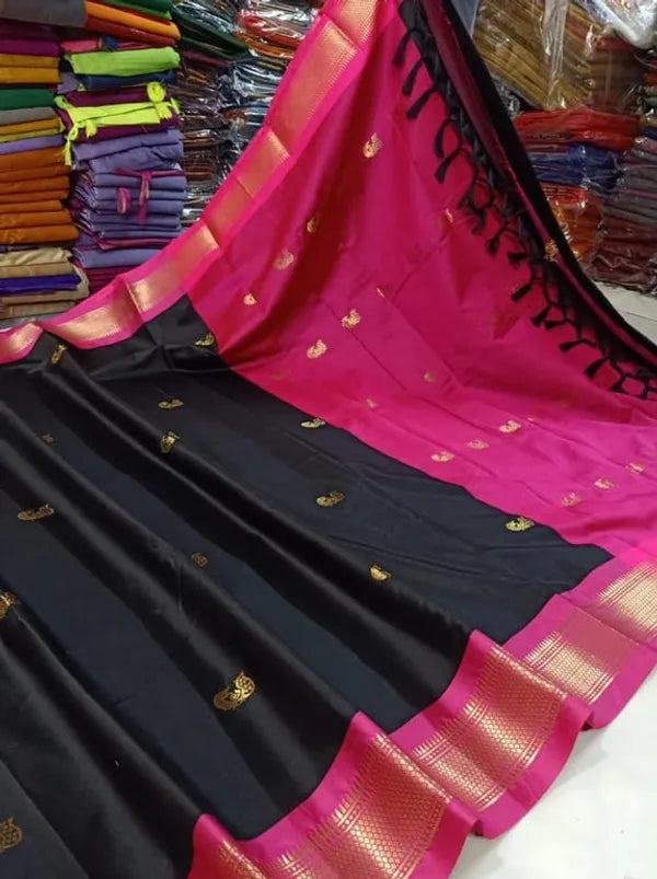 PAITHANI SOLID BLACK PINK SOFT COTTON SILK BLUSH NOIR GRACE SAREE FOR WOMEN