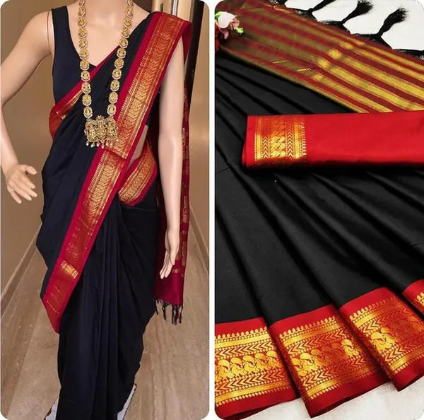 BIRD BORDER (CHIDIYA) BLACK RED SOFT COTTON SILK VELVET SEARLET TOUCH SAREE FOR WOMEN