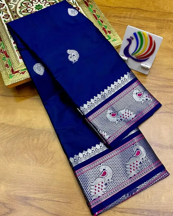 PEACOCK NAVY BLUE SOFT COTTON SILK SAPPHIRE NIGHTFALL CHARM SAREE FOR WOMEN