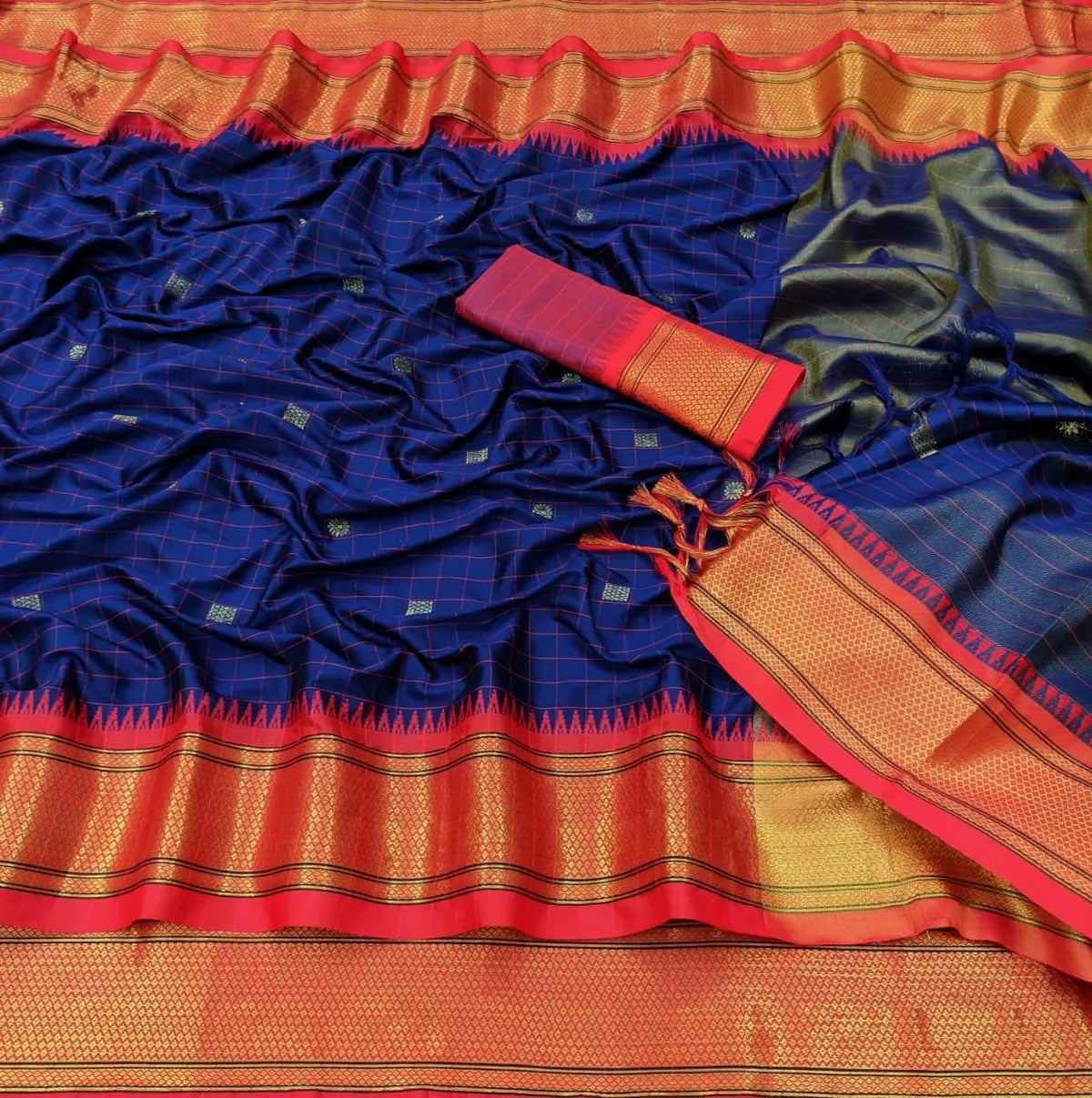 CHECKS Navy Blue Red Soft Cotton Silk Nautical Ruby Muse Saree For Women