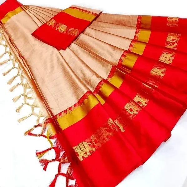 ELEPHANT BORDER TUSAR RED SOFT COTTON SILK CRIMSON ELEGANCE SAREE FOR WOMEN