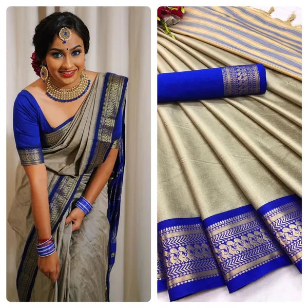 BIRD BORDER (CHIDIYA)TUSAR SKY BLUE SOFT COTTON SILK REFLECTION SAREE FOR WOMEN