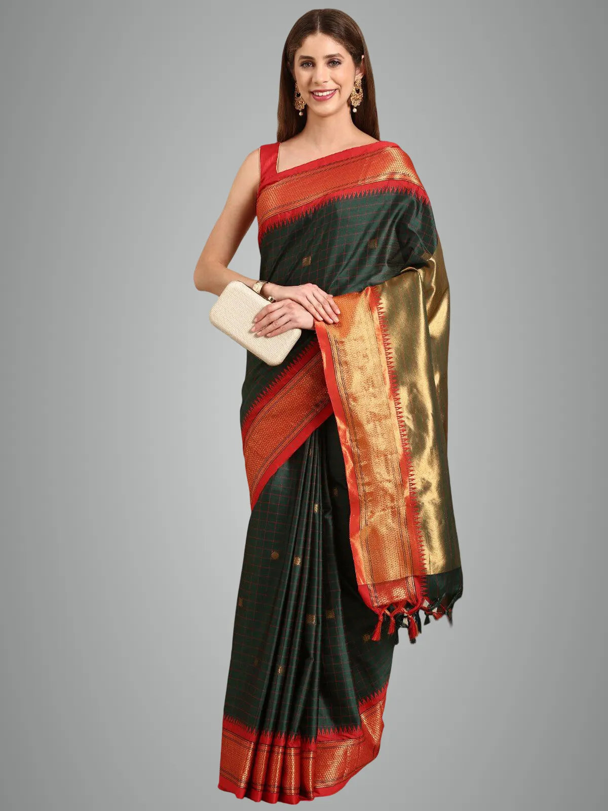 CHECKS Green Red Soft Cotton Silk Emerald Ruby Blend Saree For Women