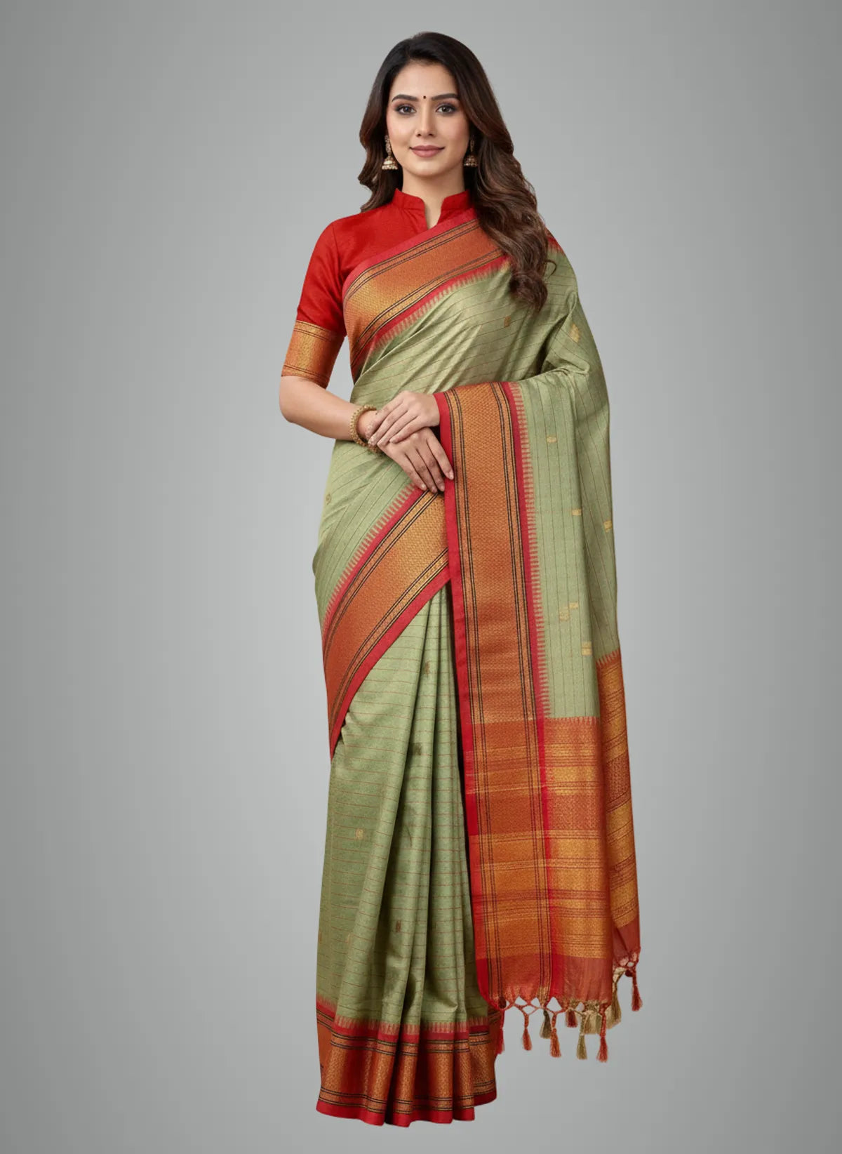 Olive Green Red Soft Cotton Silk Olive Ember Harmony Saree For Women