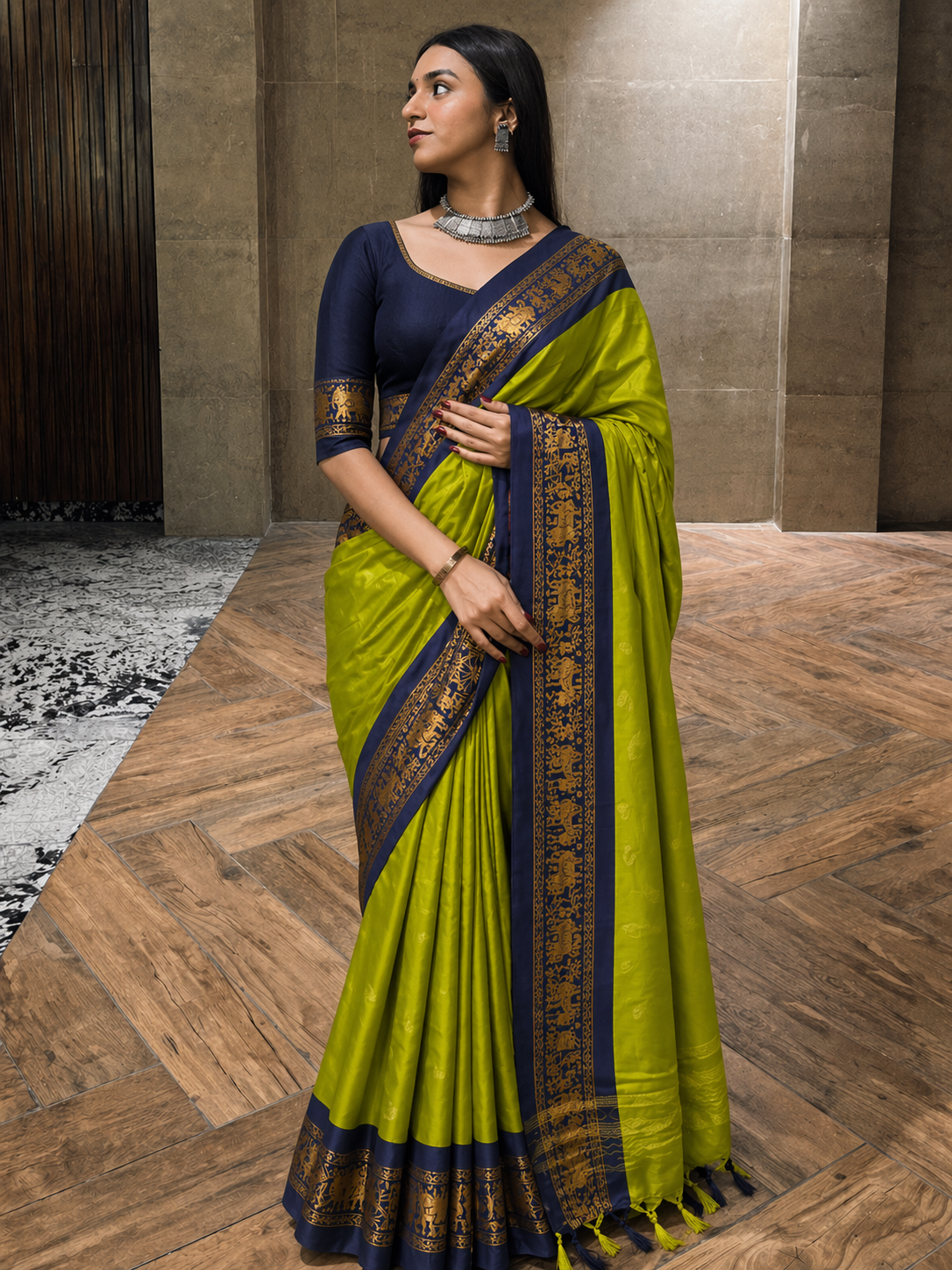 LIME GREEN BLUE SOFT COTTON SILK CITRUS OCEAN AURA SAREE