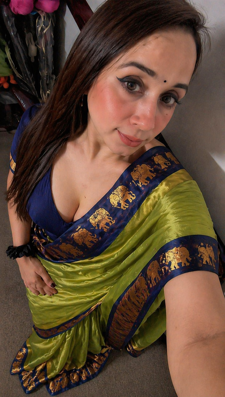 ELEPHANT BORDER LIME GREEN BLUE SOFT COTTON SILK CITRUS OCEAN AURA SAREE