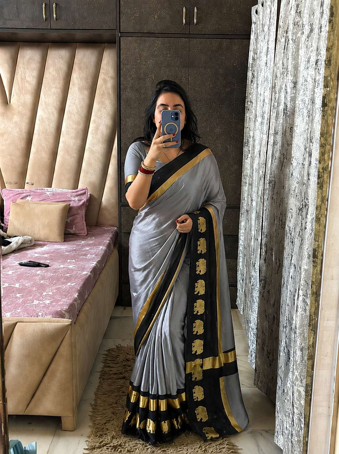 Grey & Black  Soft Cotton Silk Emerald Bloom Saree For Women With Running Blouse