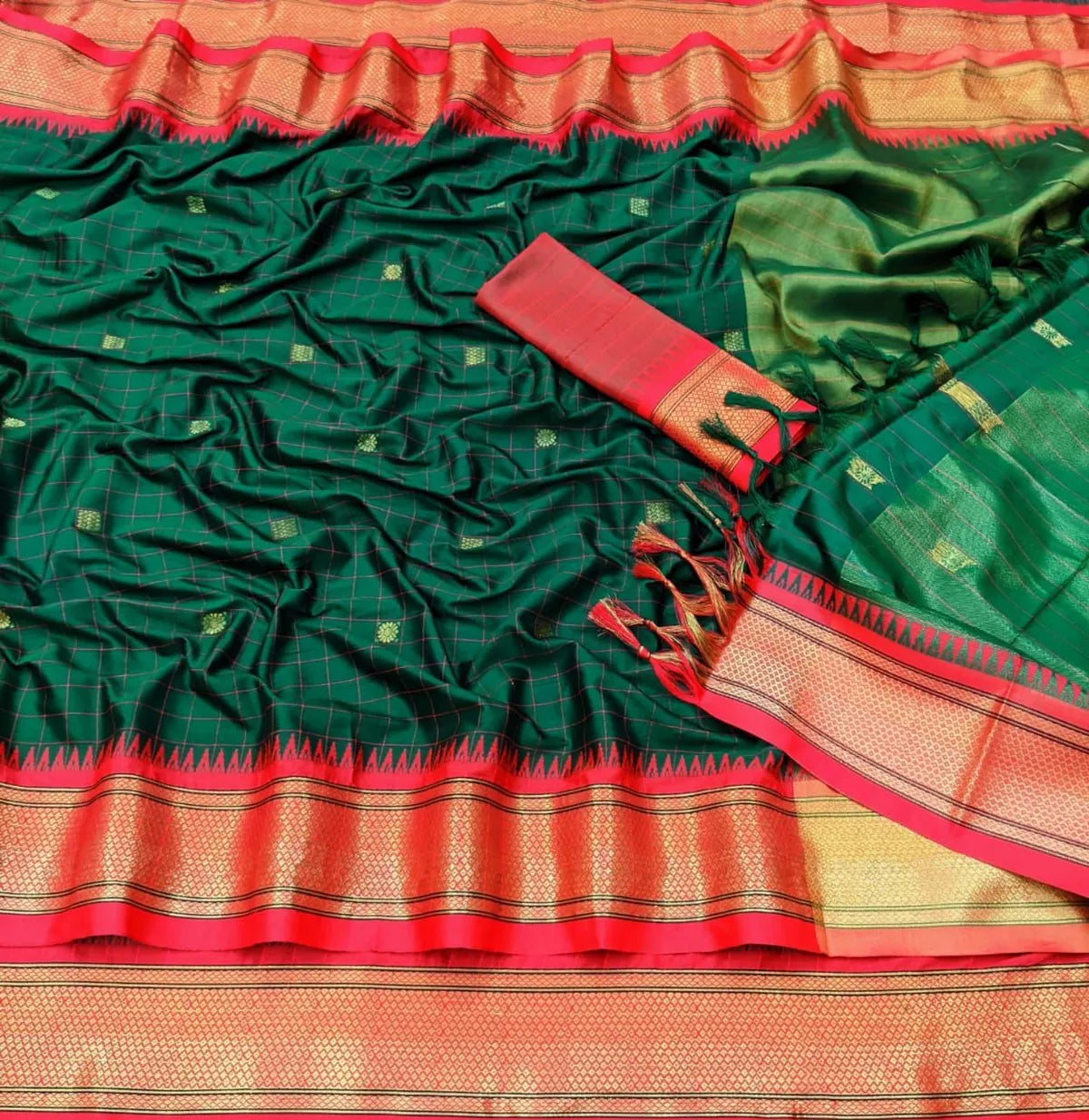 CHECKS Green Red Soft Cotton Silk Emerald Ruby Blend Saree For Women