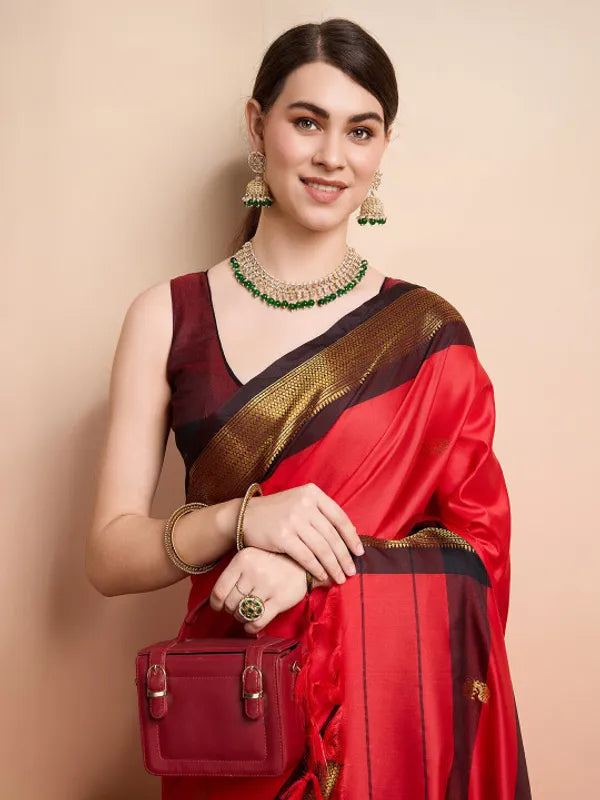 PAITHANI SOLID RED BROWN SOFT COTTON SILK TIMELESS CRIMSON SAREE