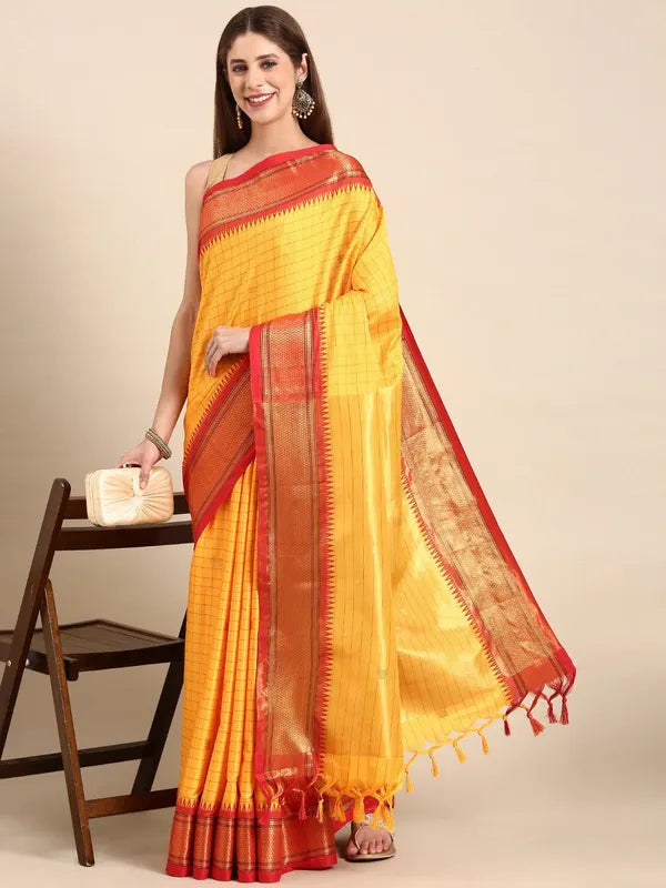 CHECKS ORANGE YELLOW RED SOFT COTTON SILK SUNSET FLAME RADIANCE SAREE