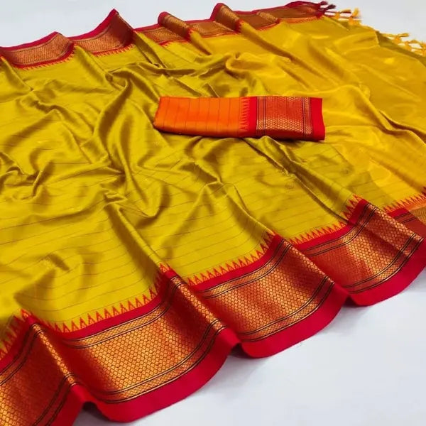 CHECKS ORANGE YELLOW RED SOFT COTTON SILK SUNSET FLAME RADIANCE SAREE