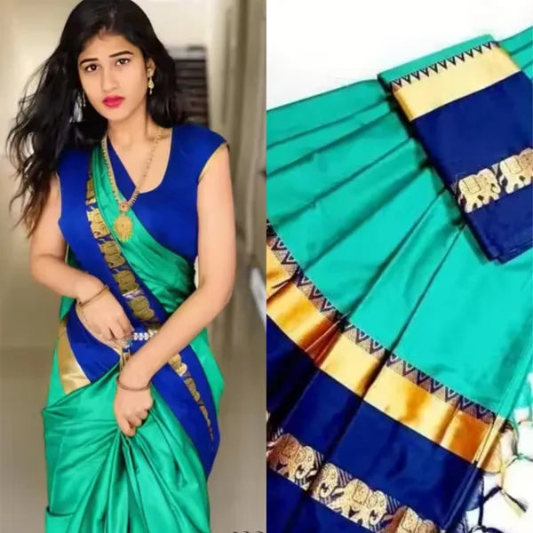 ELEPHANT BORDER CYAN BLUE SOFT COTTON SILK AZURE MIST AURA SAREE FOR WOMEN