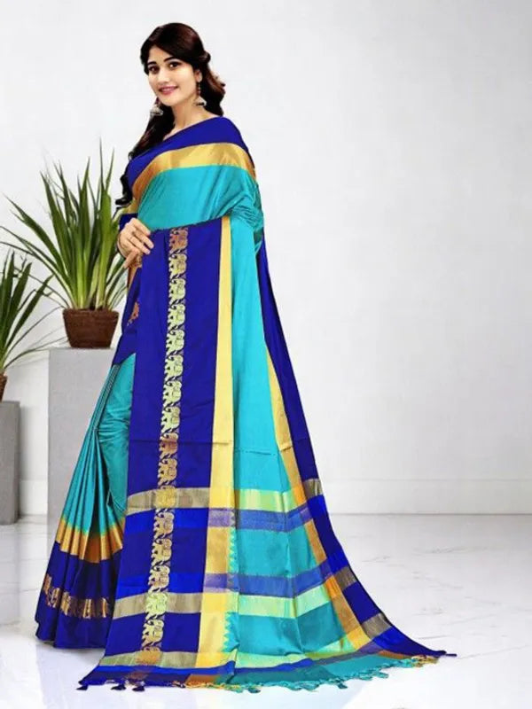 CYAN BLUE SOFT COTTON SILK AZURE MIST AURA SAREE FOR WOMEN