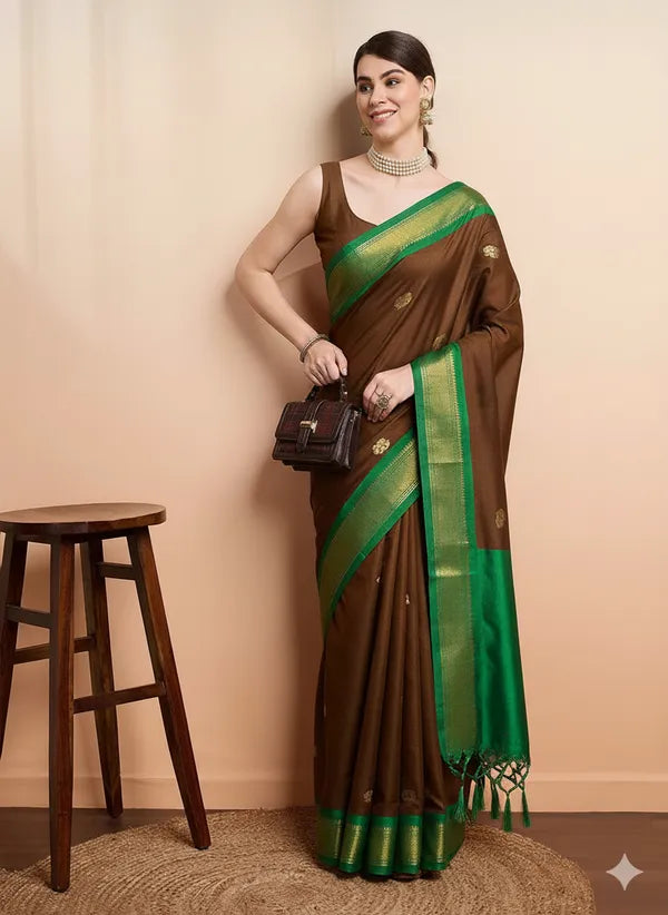 BROWN GREEN SOFT COTTON SILK OLIVE MEADOW ESSEANCE SAREE FOR WOMEN