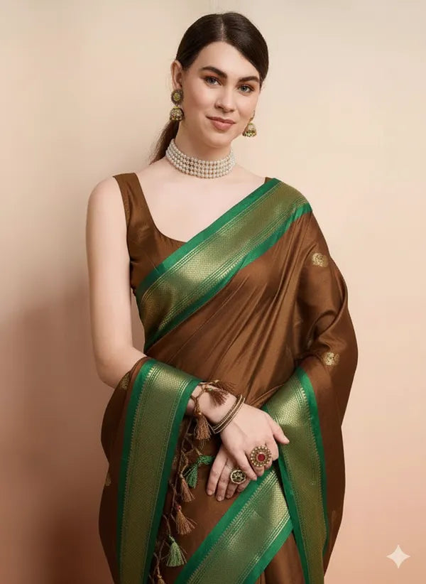 PAITHANI SOLID BROWN GREEN SOFT COTTON SILK OLIVE MEADOW ESSEANCE SAREE FOR WOMEN