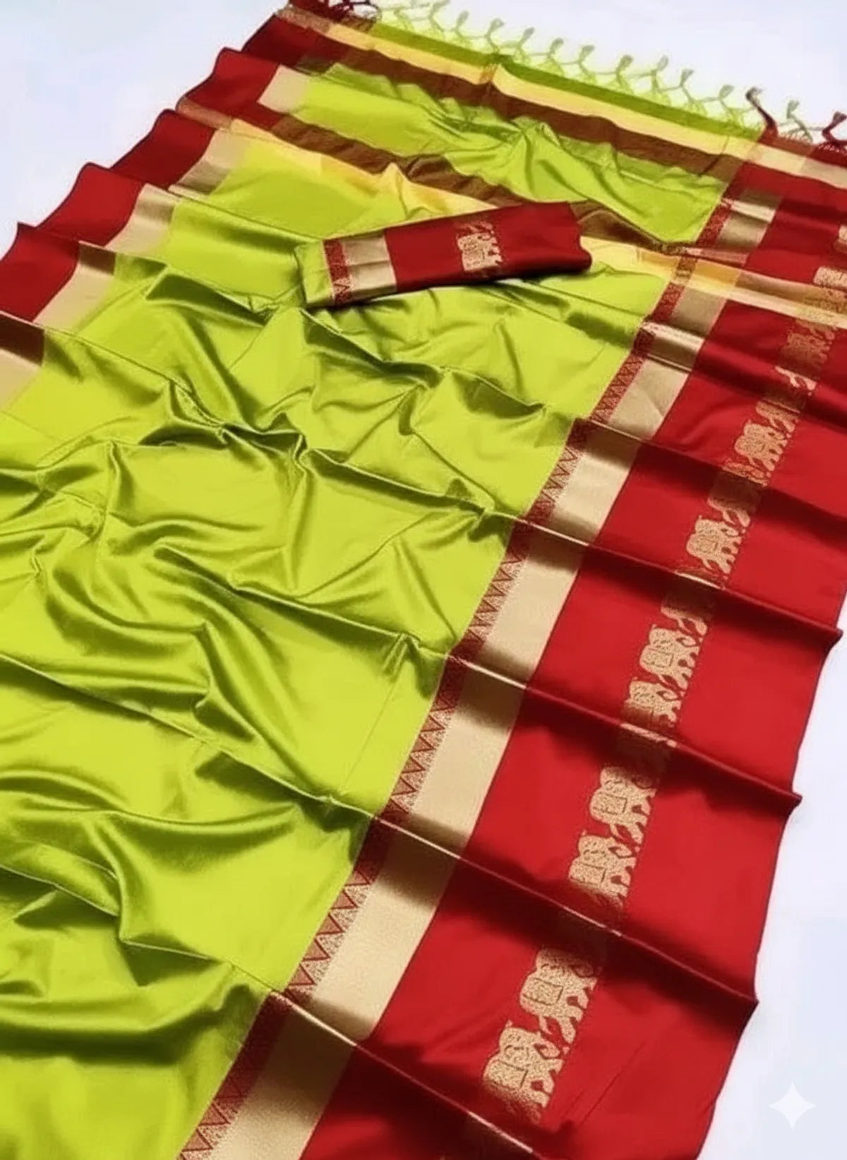 ELEPHANT BORDER Lemon & Red  Soft Cotton Silk Auspicious Gaja Motif Saree For Women