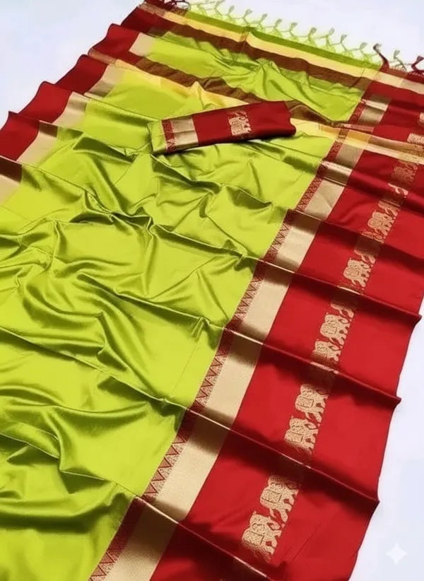 ELEPHANT BORDER LEMON&RED SOFT COTTON SILK AUSPICIOUS GAJA MOTIF SAREE