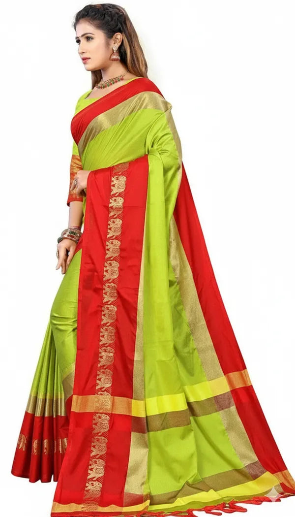 LEMON&RED SOFT COTTON SILK AUSPICIOUS GAJA MOTIF SAREE