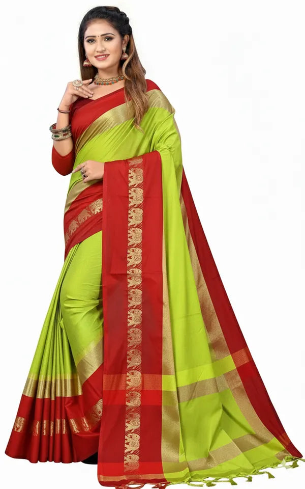 ELEPHANT BORDER LEMON&RED SOFT COTTON SILK AUSPICIOUS GAJA MOTIF SAREE