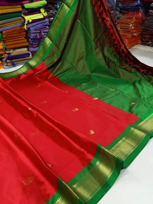 PAITHANI SOLID RED & GREEN SOFT COTTON CRIMSON MEADOW GLOW SAREE