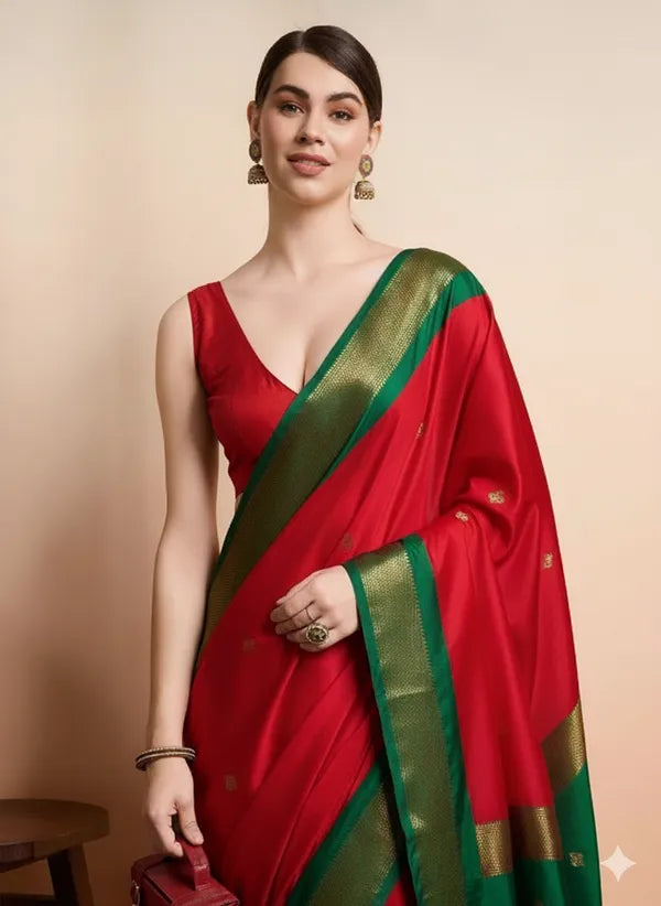 PAITHANI SOLID RED & GREEN SOFT COTTON CRIMSON MEADOW GLOW SAREE