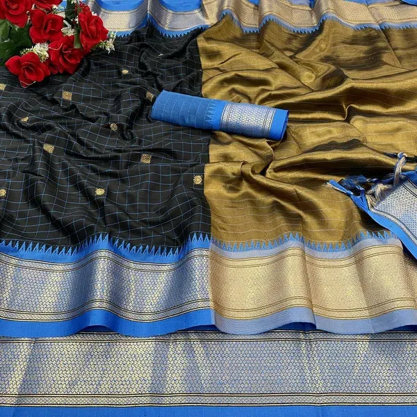 CHECKS BLACK AND BLUE SOFT COTTON SILK MID NGHTHARMONY SAREE FOR WOMEN
