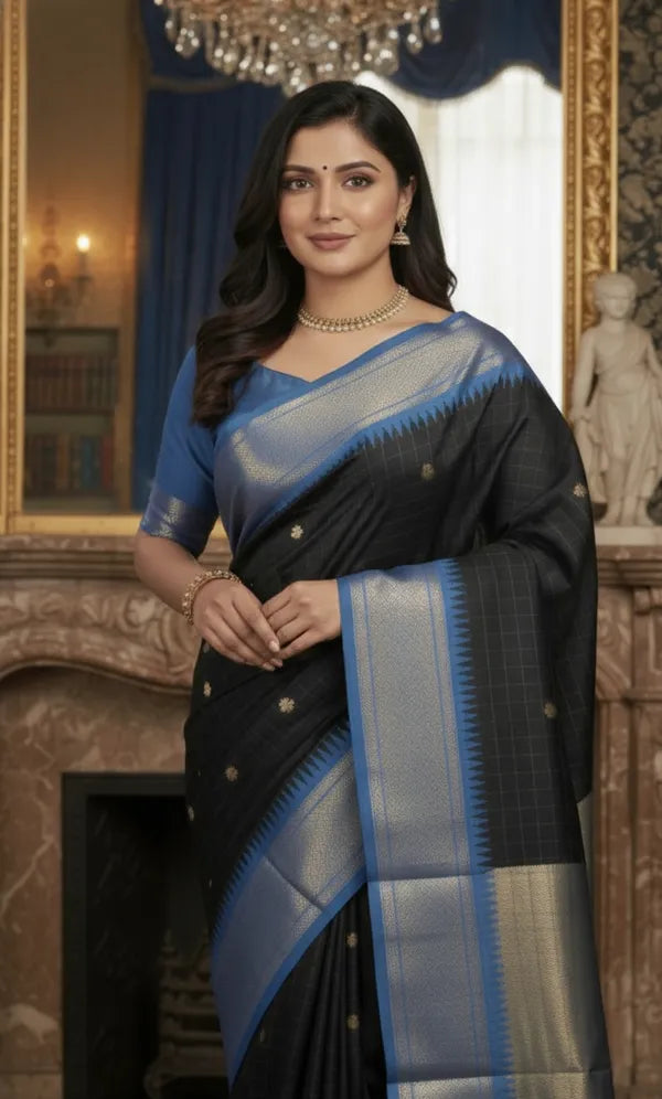 BLACK AND BLUE SOFT COTTON SILK MID NGHTHARMONY SAREE FOR WOMEN
