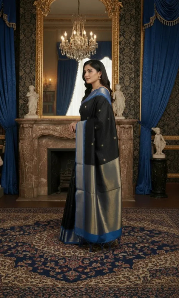 BLACK AND BLUE SOFT COTTON SILK MID NGHTHARMONY SAREE FOR WOMEN