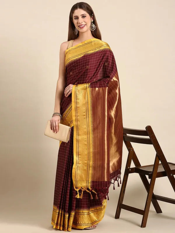 CHECKS MAROON & YELLOW SOFT COTTON SILK REGAL CHARAM SAREE