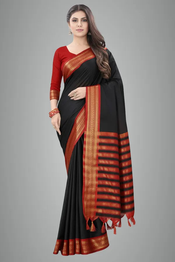 BIRD BORDER (CHIDIYA) BLACK RED SOFT COTTON SILK VELVET SEARLET TOUCH SAREE FOR WOMEN