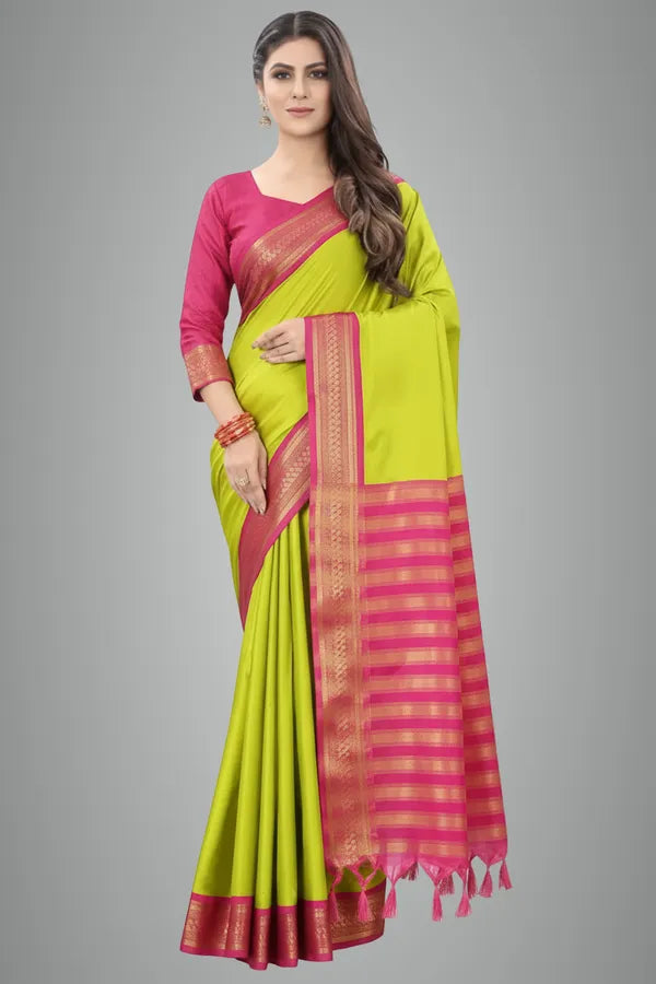 PARROT GREEN & PINK SOFT COTTON SILK TROPICAL BLUSH BLISS SAREE